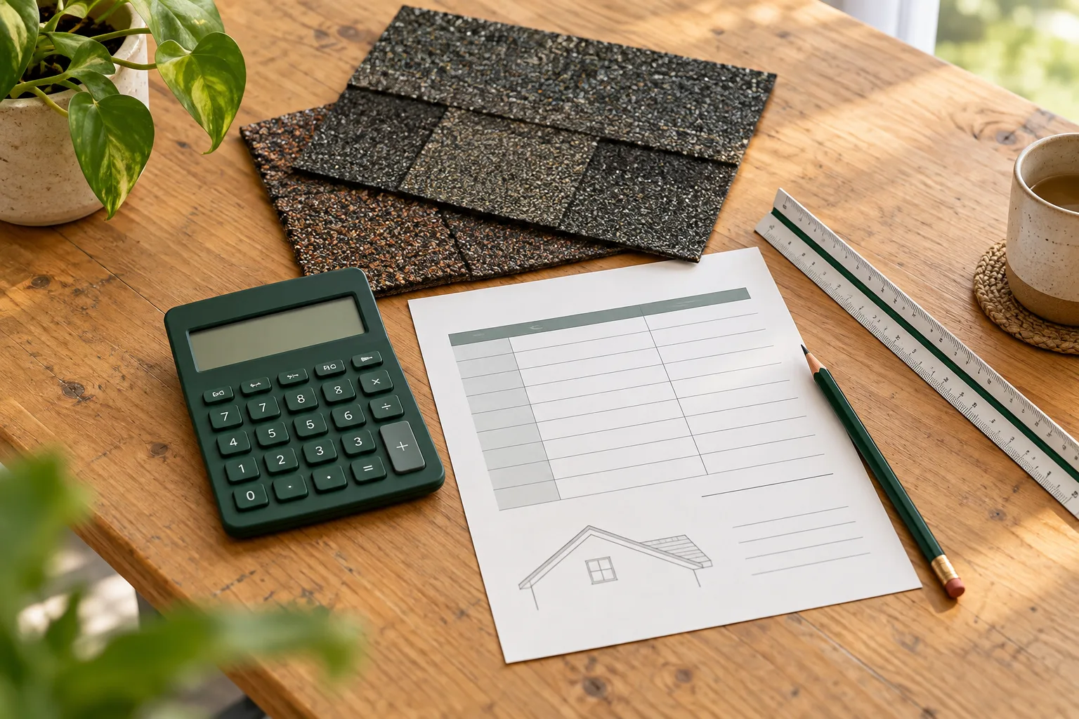 Editorial illustration of a calculator, shingle samples and an unpriced roofing budget worksheet