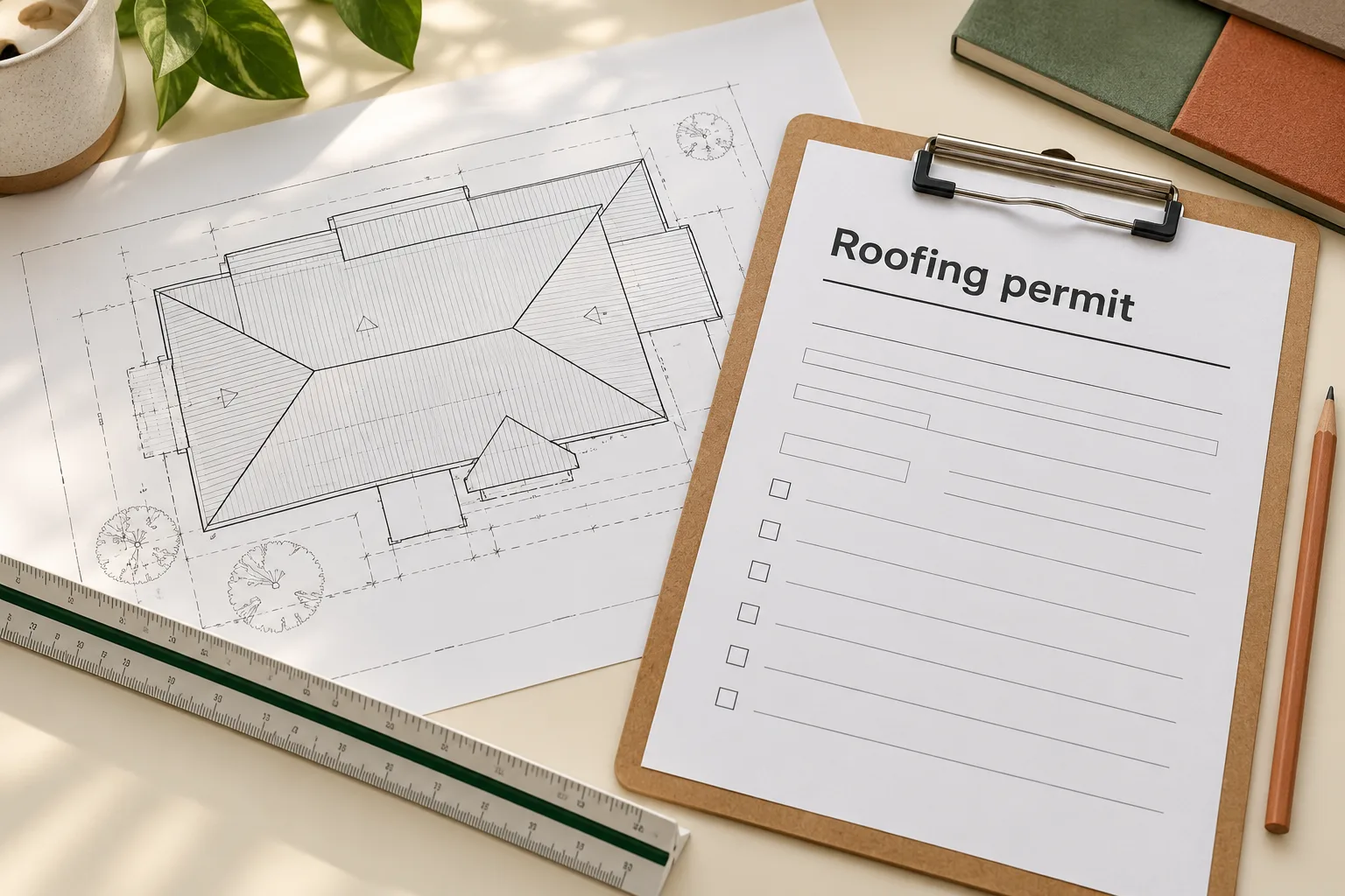 Editorial illustration of a blank roofing permit sheet beside a roof plan and drafting scale