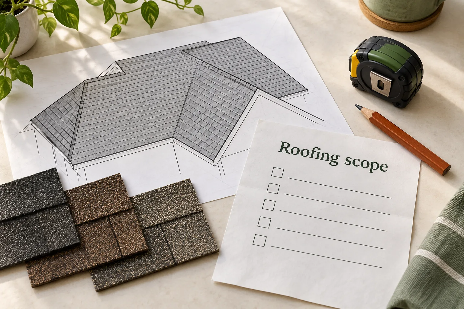Editorial illustration of a roofing scope sheet, roof drawing, measuring tape and shingle samples